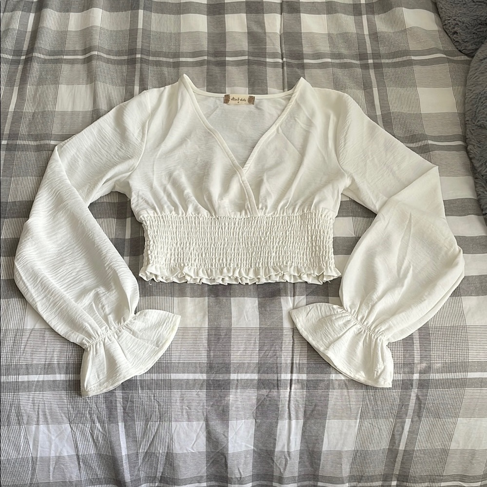 Altar'd State White Smocked Crop Blouse with Long Sleeves